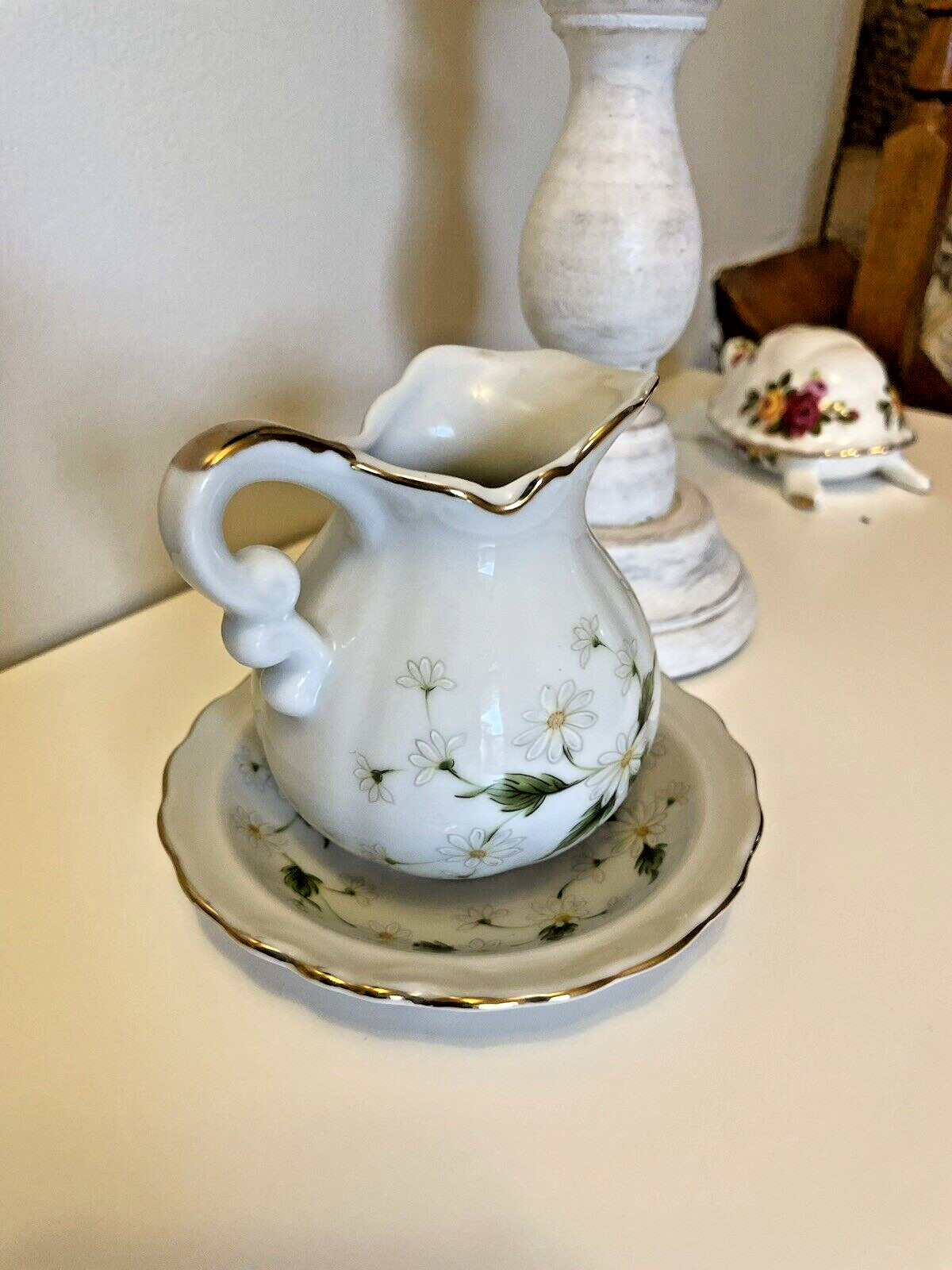 1987 Lefton China miniature pitcher creamer saucer White Daisy Floral Gold Trim