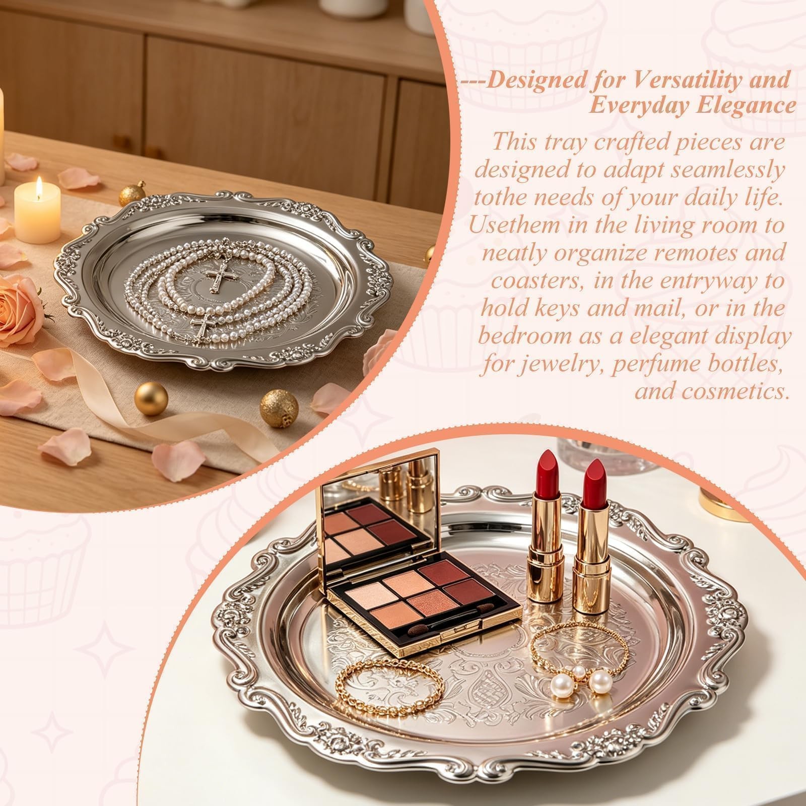 2PCS Silver Round Serving Trays for Party,Floral Engraved Serving Platters Vi…