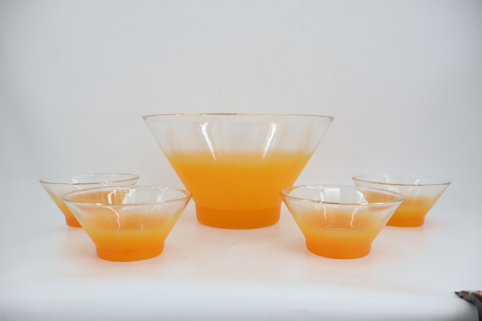 Blendo Frosted Ombre Frosted Glass Gold Trim Serving Bowl & 4 Small Bowls USA