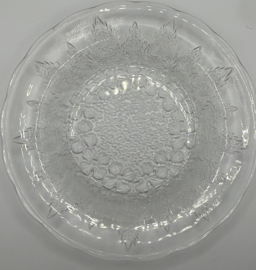 KIG Vintage Indonesian Butter Plate 6″ Clear Etched Glass Flowers Leaves