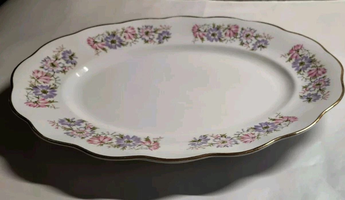Serving Platter 15×11″ Favolina Roulette Pink Purple Floral Gold Poland Vintage