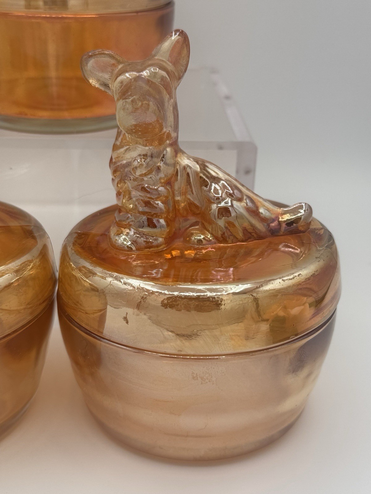 Vtg Jeannette Marigold Carnival Glass Powder Jar Set – Poodle/Deer/Terrier Lids