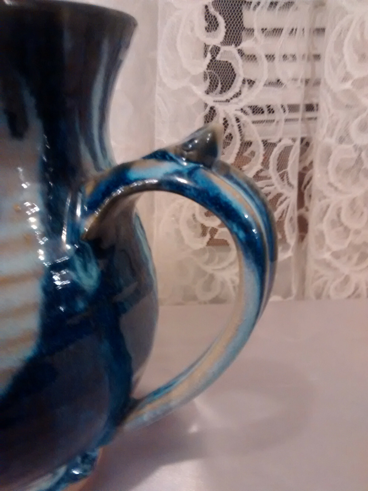 Pottery Pitcher Blue Grey Tan 7 1/4 Inches Tall Pinched Spout Thumb Rest Handle