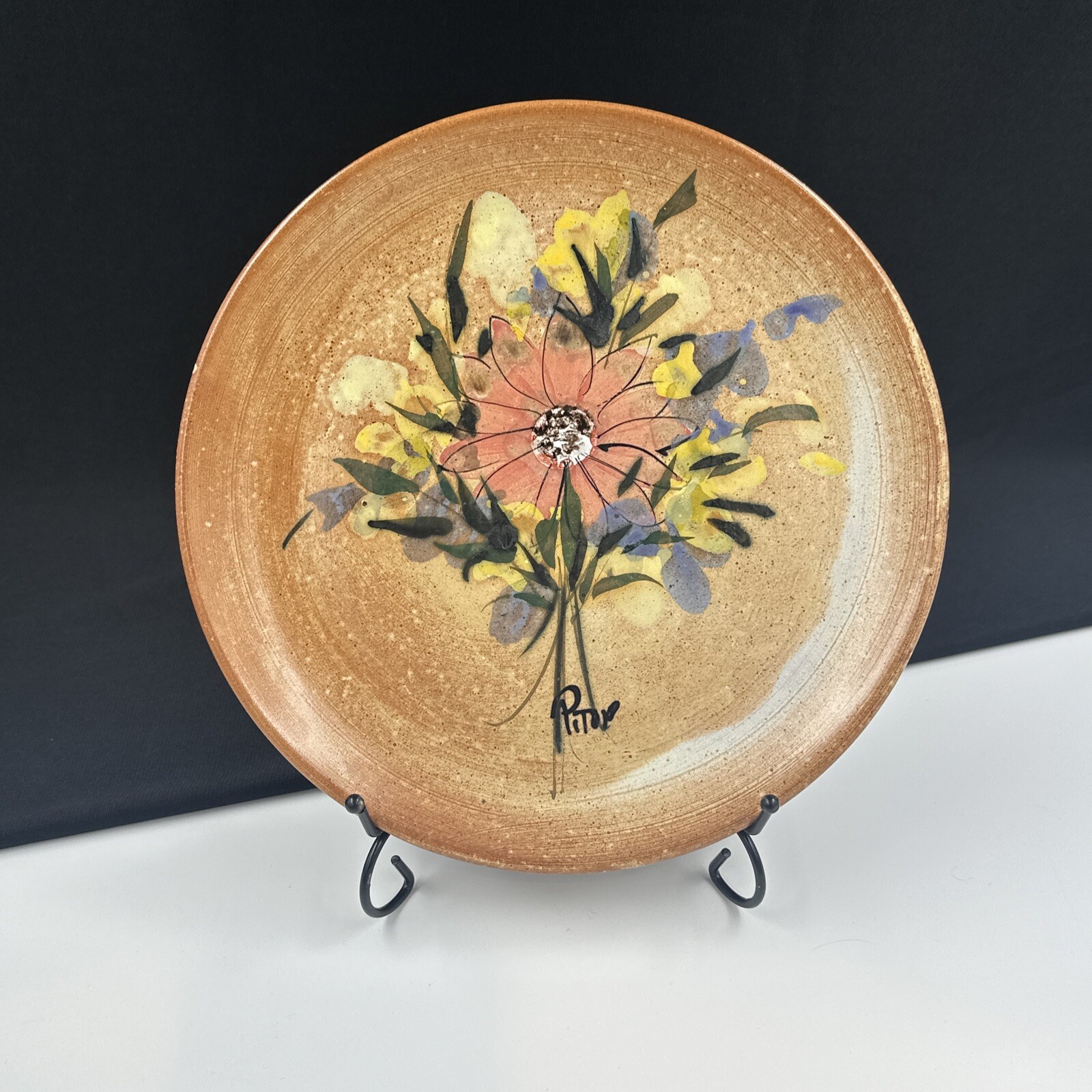Hand Painted Pottery Plate Pink Flower/Floral Terra Cotta, Signed Home Decor MCM