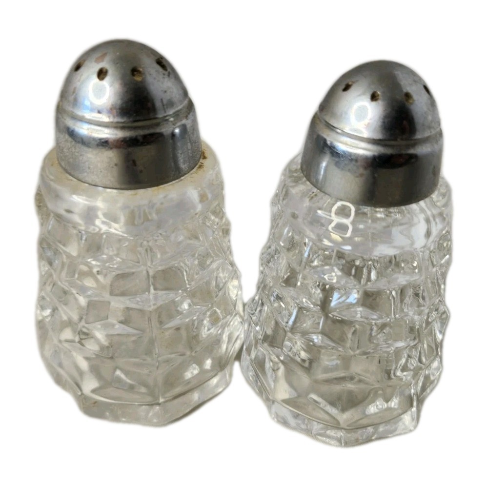 VTG Set of Fostoria American Clear Glass Salt and Pepper Shakers Metal Lid Cap