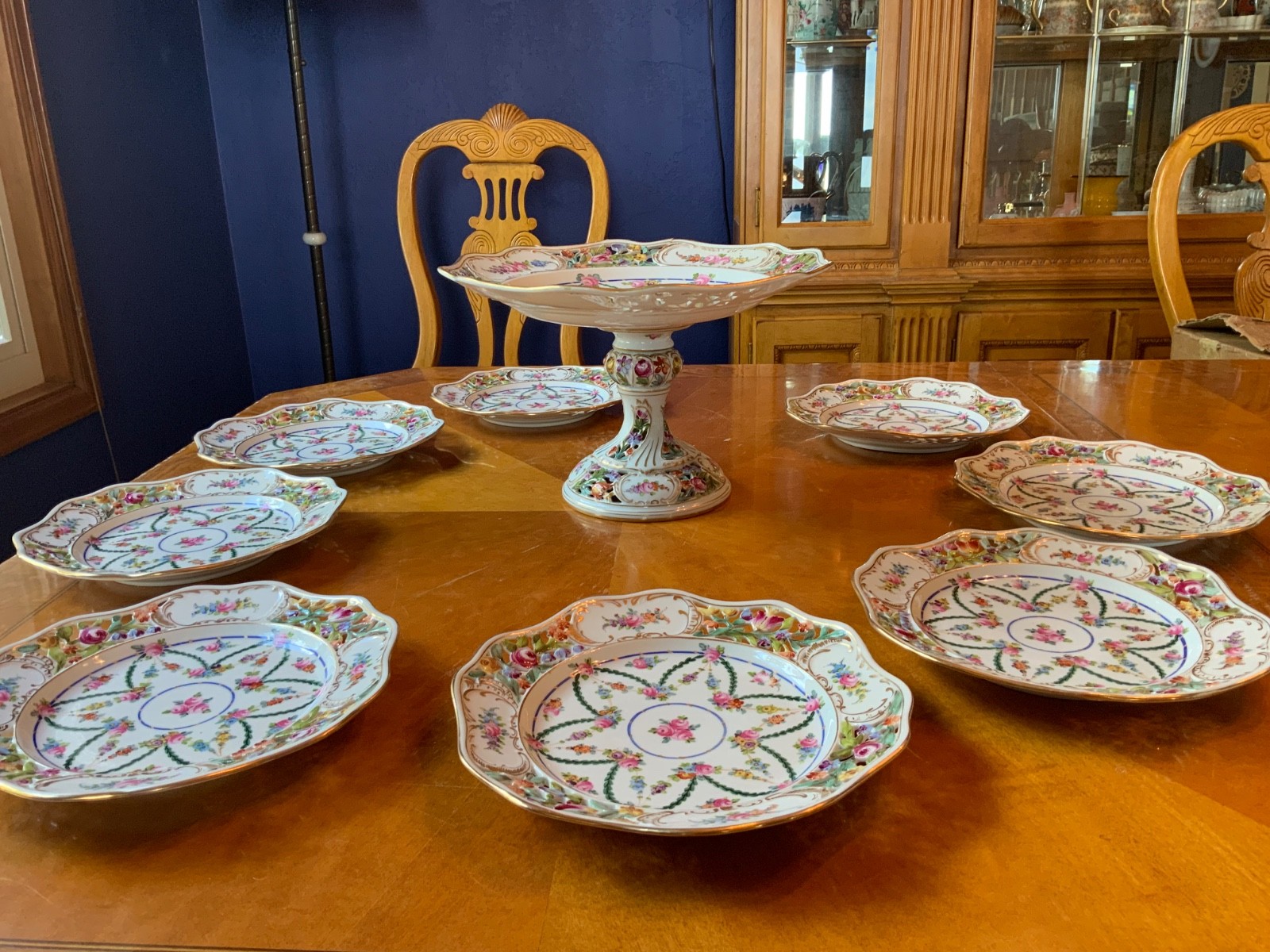 Antique Carl Thieme Dresden Basketweave Dessert Service – 8 Plates & Compote