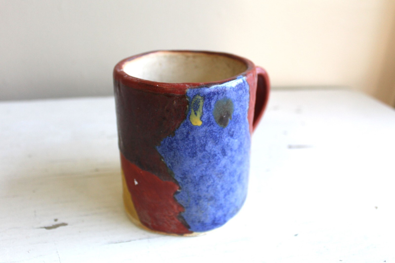 Student Made Wheel Thrown Mug Rust Blue Gold Coffee Tea Art Pottery Incised AJS