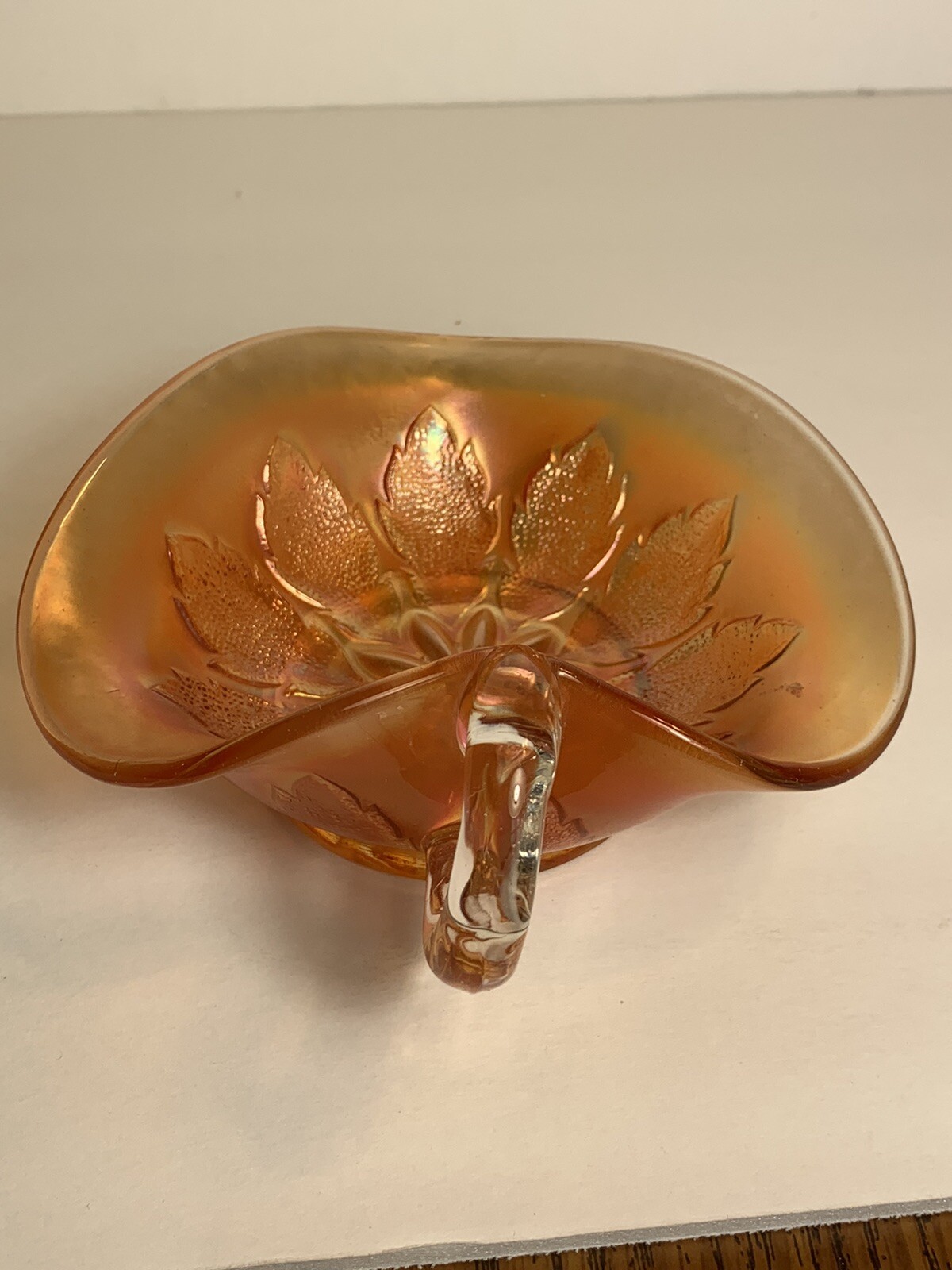 Vintage Dugan Carnival Glass Marigold Leaf Rays Triangular Iridescent Nappy Bowl