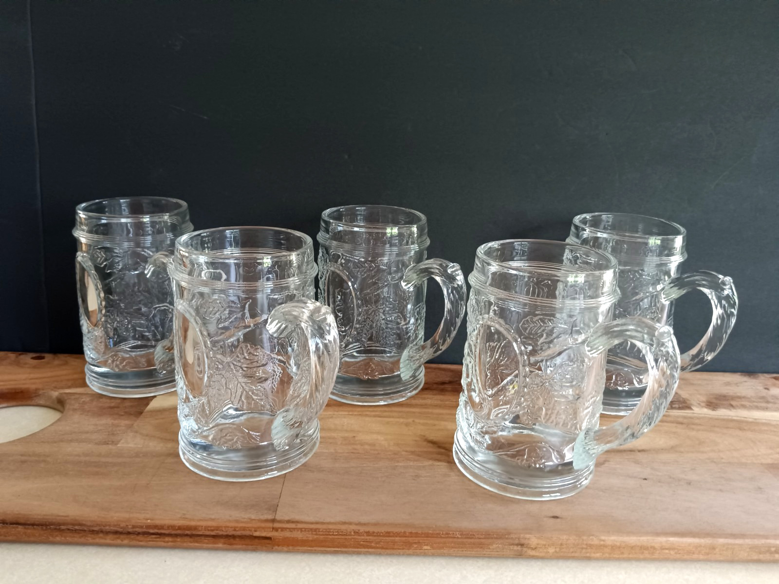 Vintage Grapevine Pressed Glass Beer Mugs Set of 5 Clear Heavy Glass Steins