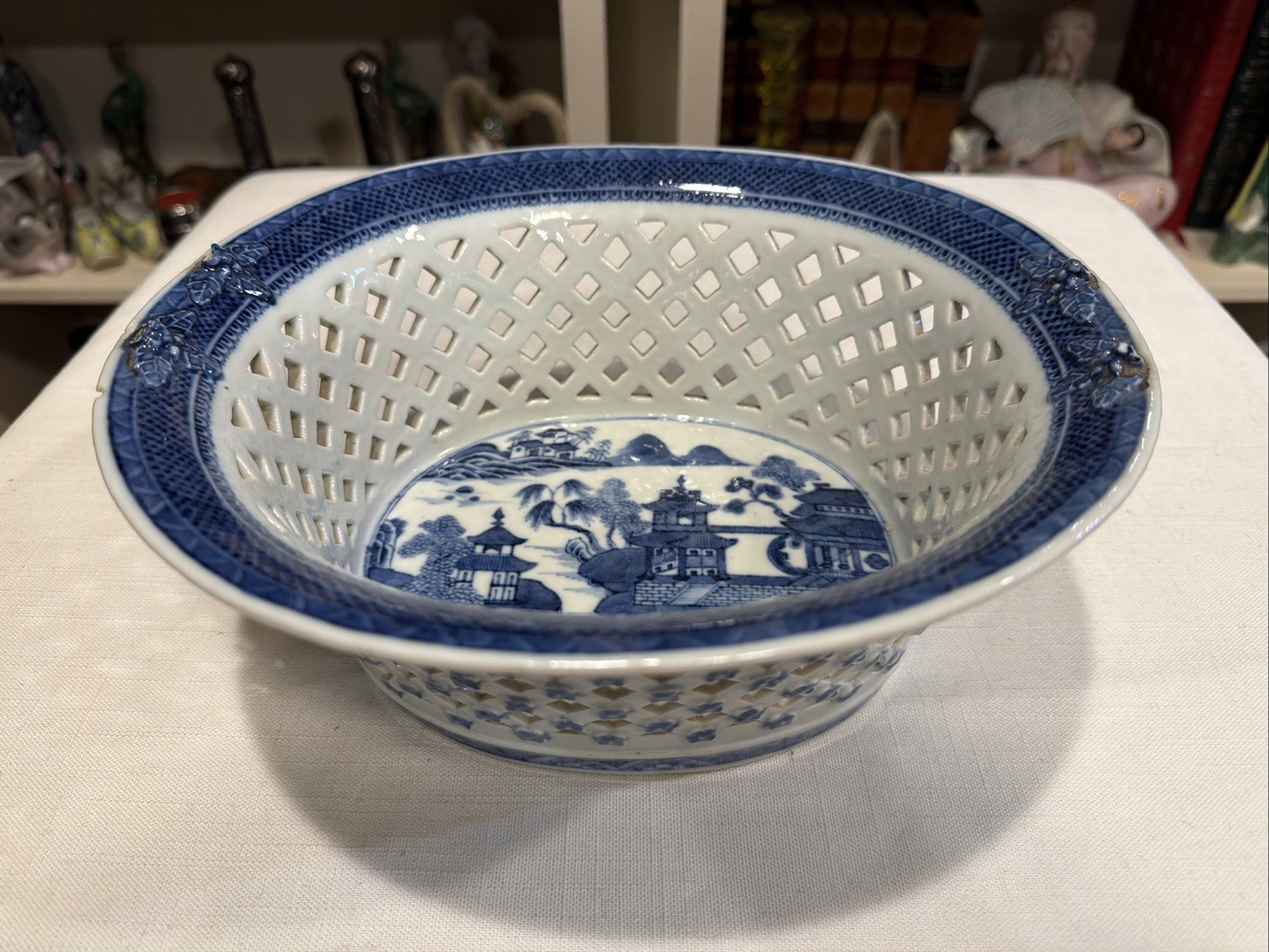 Rare Reticulated Canton Blue and White Chestnut Bowl Antique Transferware