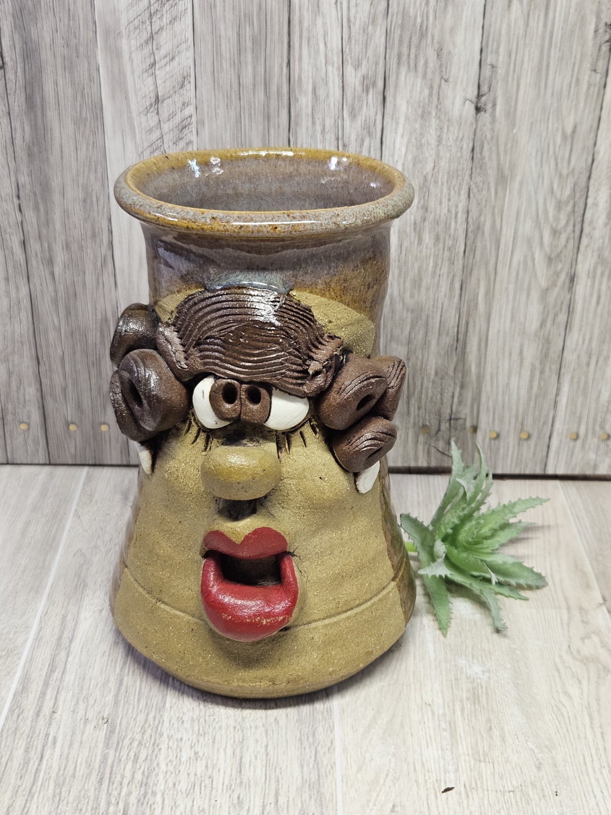 Vtg Mark Hines Studio Pottery Funny Face Mug OOAK Mid 1980s Signed K Ugly Face