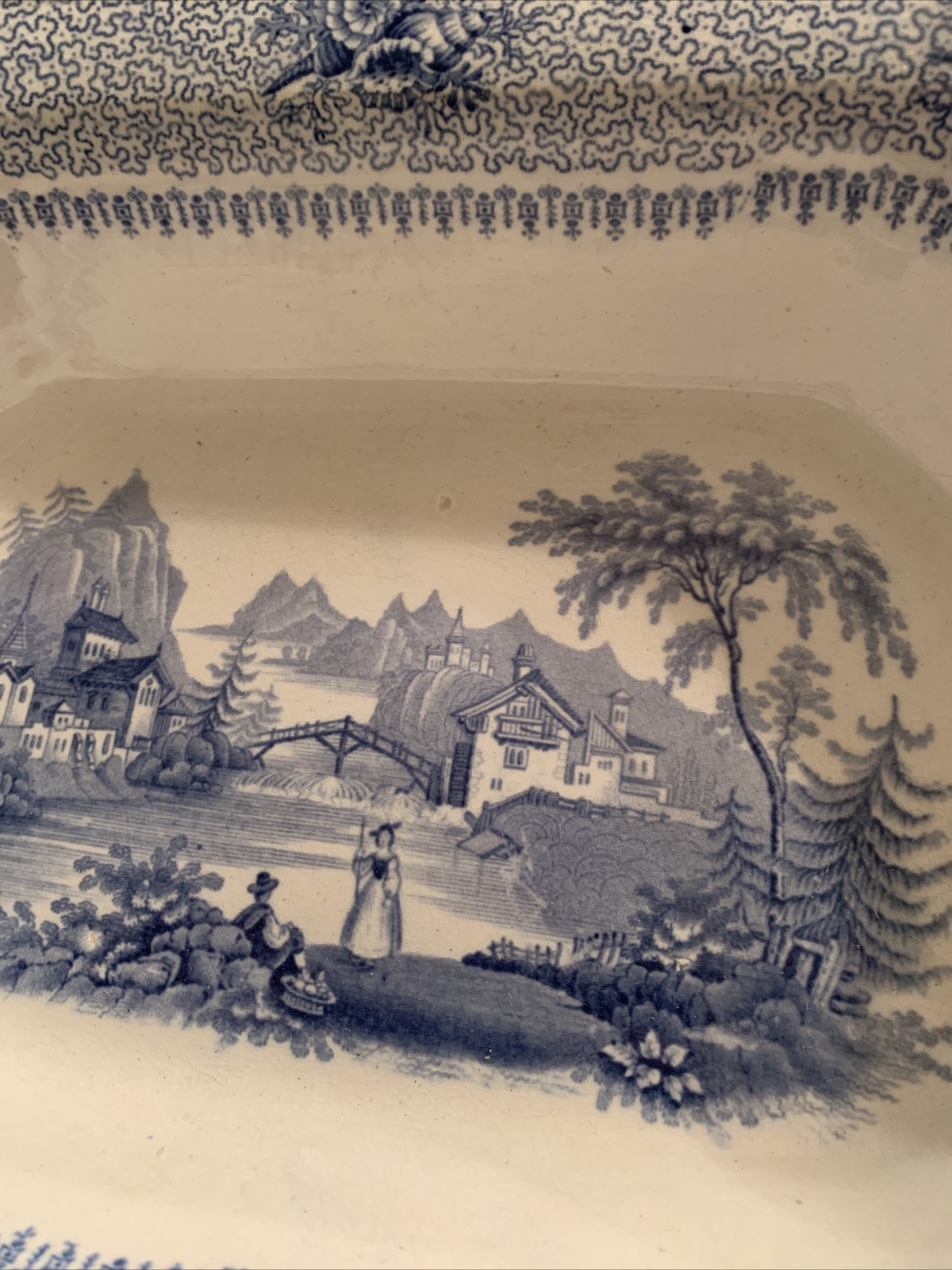 Lucern China Blue & White Lucern Bowl- Outdoor Scene- Man/Women-11 X 9 X 2.