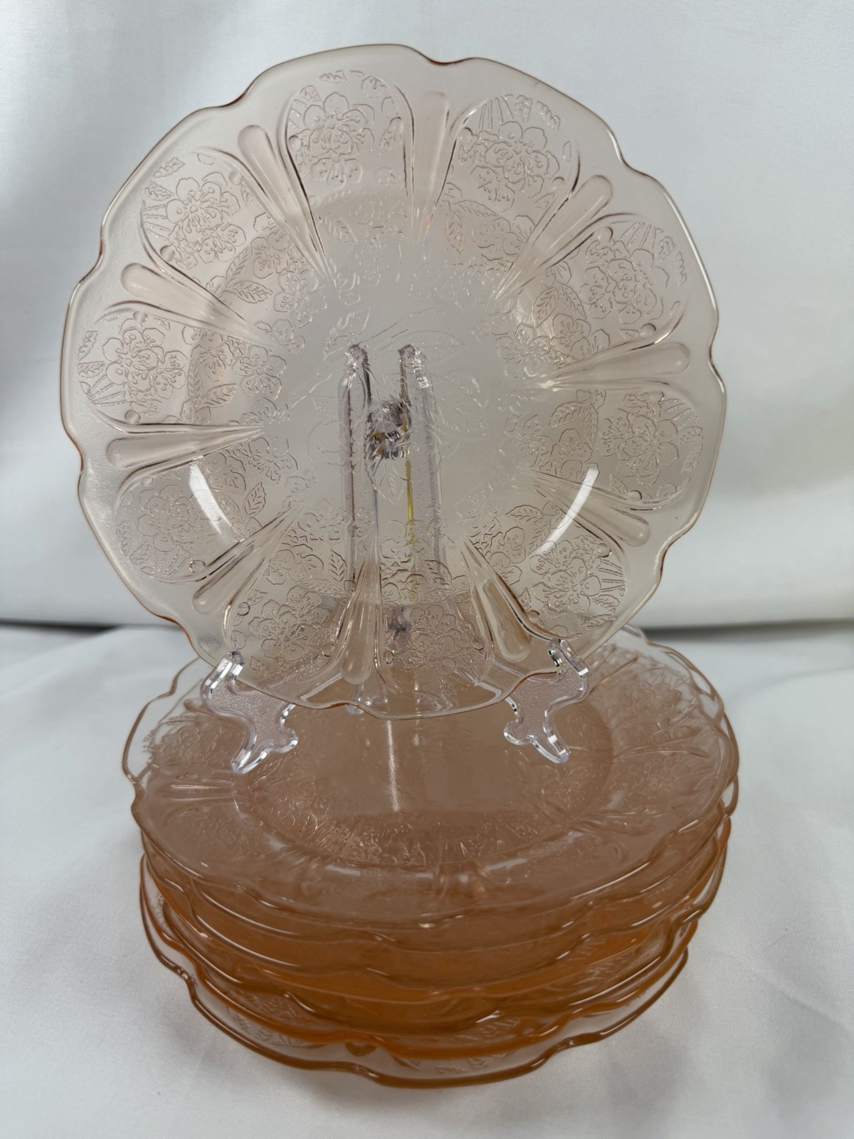 Vintage Cherry Blossom 6 Inch Plates Jeannette Depression Glass Set of 8 1930s