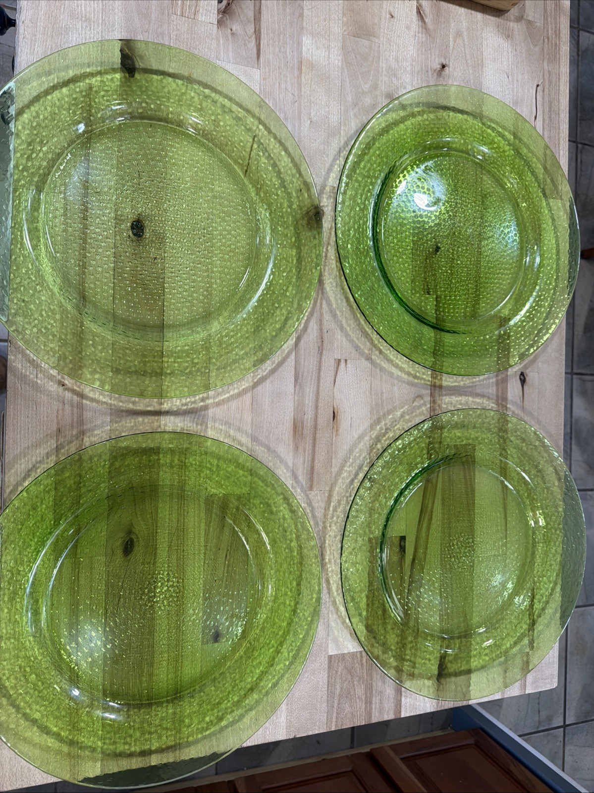 Large 12 3/4” Heavy Green Glass Platters Textured (Set Of 4)