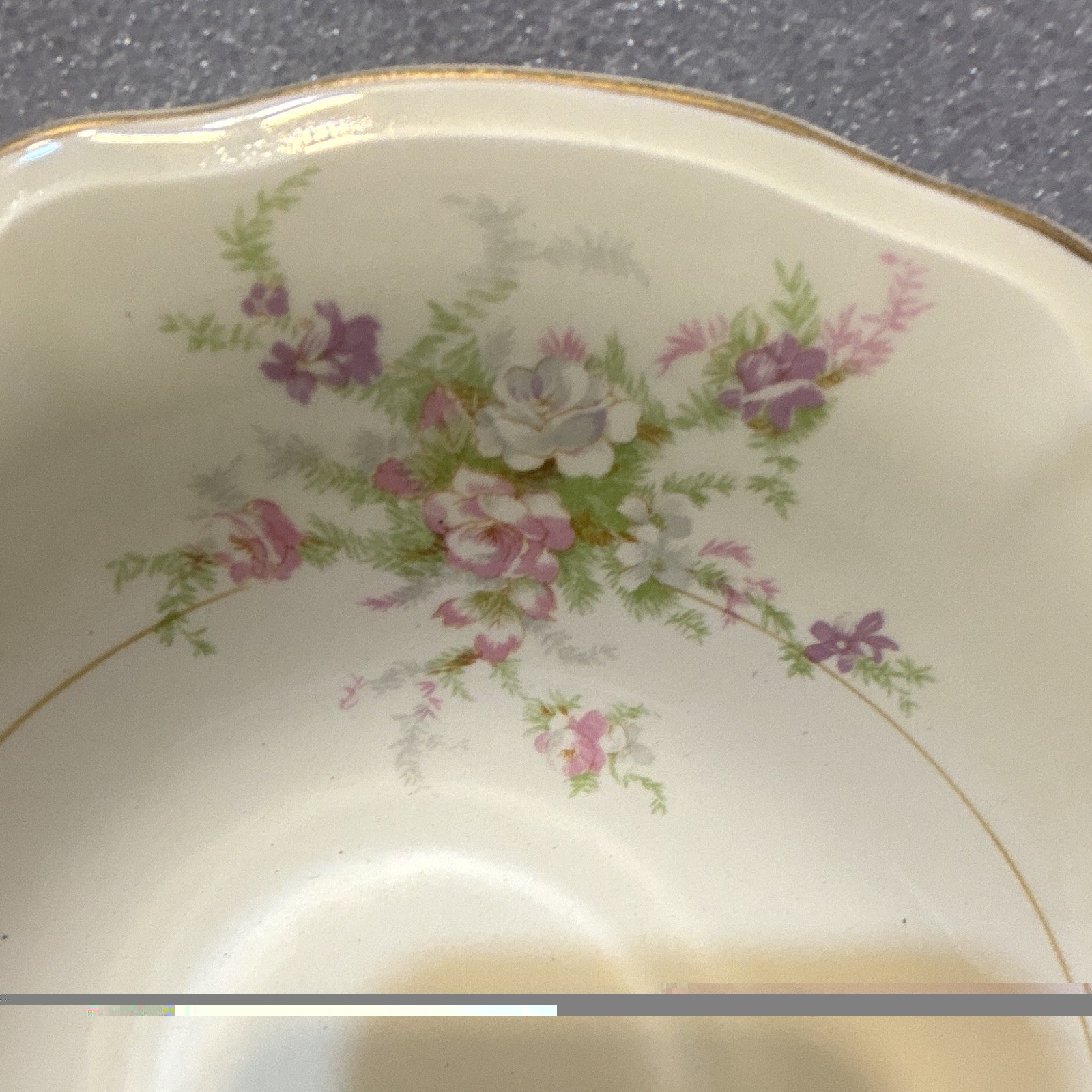 Edwin M. Knowles China Co. Floral 8.5” Round Bowl White Pink Green Gold Trim USA