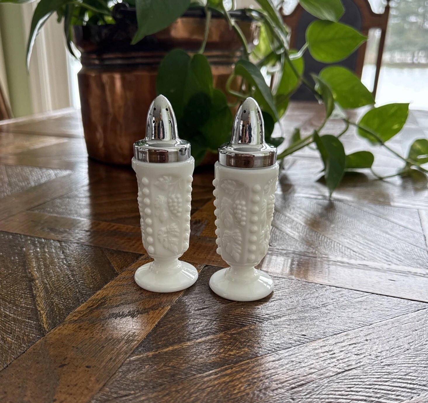 Westmoreland Salt and Pepper Shaker Bead Cable Grape Leaf White Milk Glass