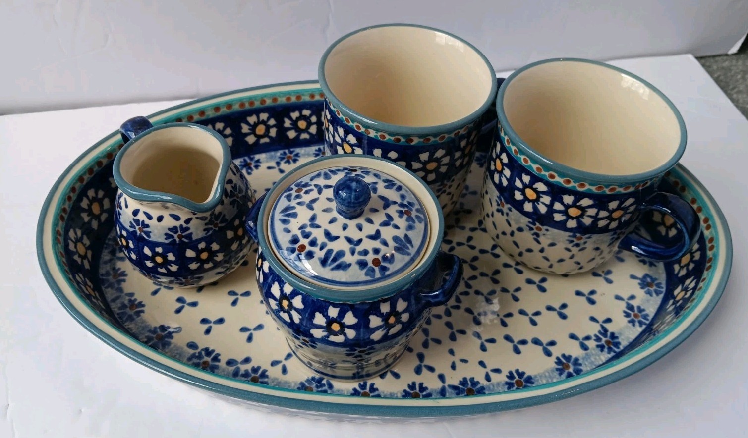 Polish Pottery Tea/Coffee Set, Tray, 2 Mugs/Cups, Creamer, Sugar Bowl W/ Lid