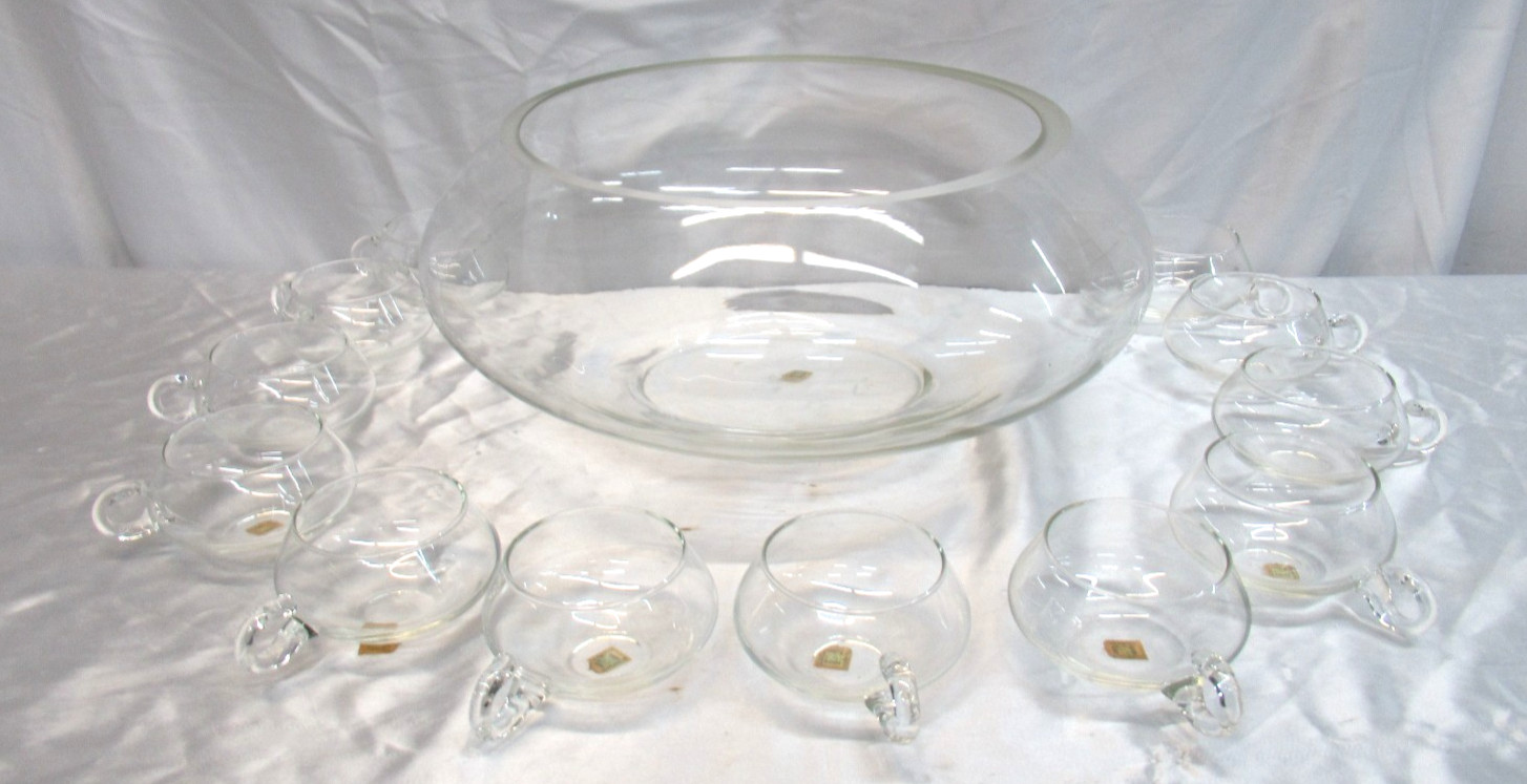 14 Piece Punch Bowl Set w/Ladle Hand Blown Crystal Moderno Riekes Crisa NOS Vtg