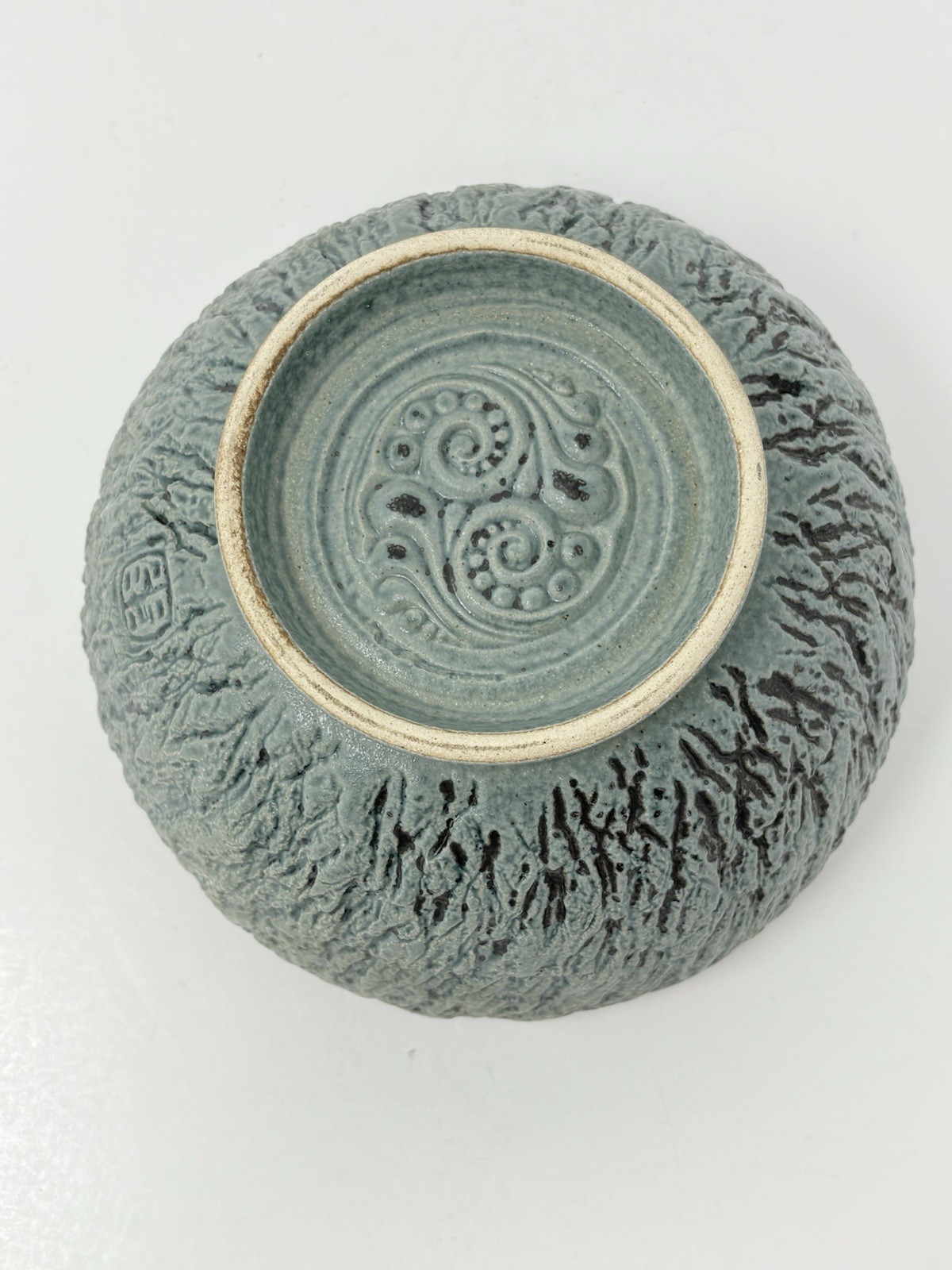 Studio Artisan Pottery Bowl Green Textured Tree Bark Matte Signed Marked 6.5″