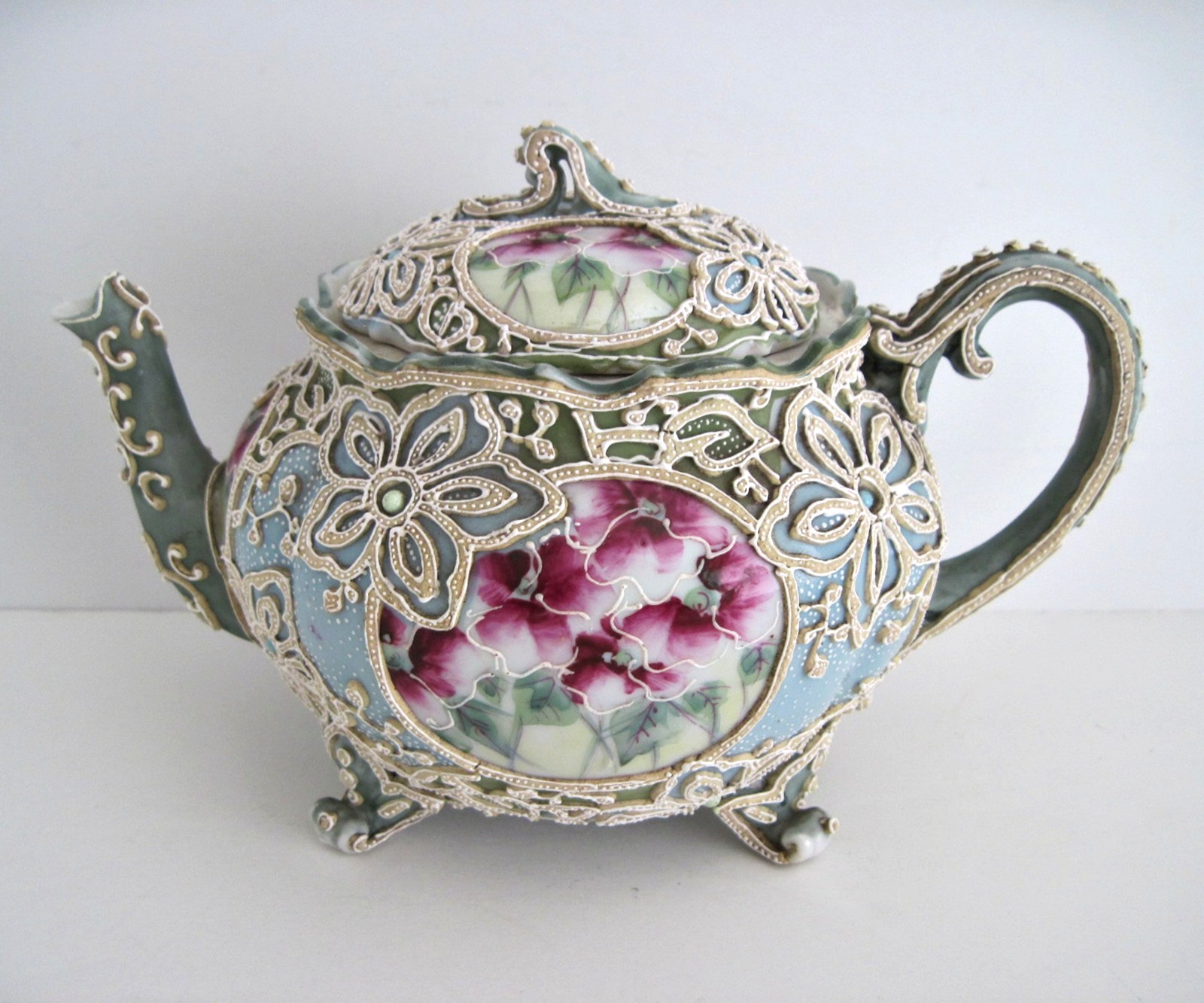 Antique Nippon Moriage Teapot Green Blue With Hand Painted Flowers READ