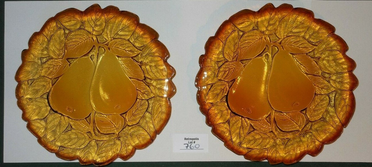 2 Tiara Indiana Glass 8″ Plates Burnt Honey SWEET PEAR Avocado