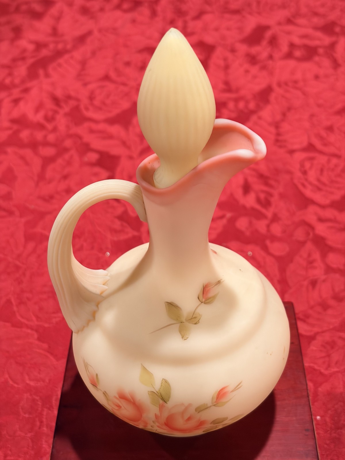 Vintage Fenton Burmese Satin Glass Cruet Stopper Hand Painted Roses UV Glow