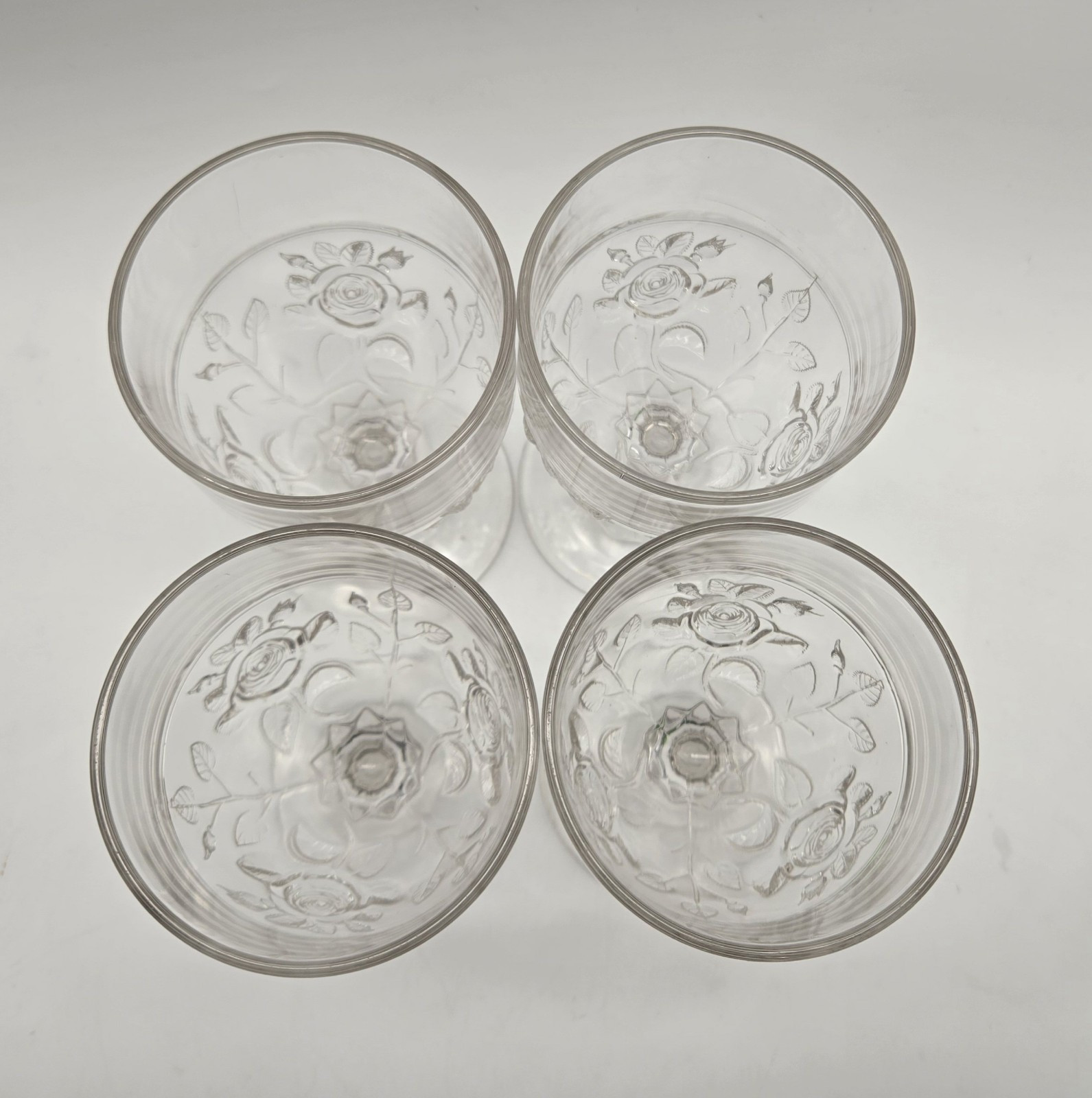 1870s Open Rose AKA Moss by Unknown Clear Glass Goblet Vtg Antique Set Of 4