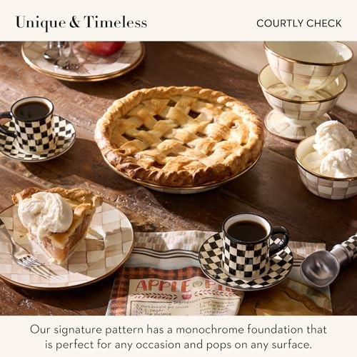MACKENZIE-CHILDS Set of 2 Stoneware Espresso Cup and Saucer, Cute Courtly Check