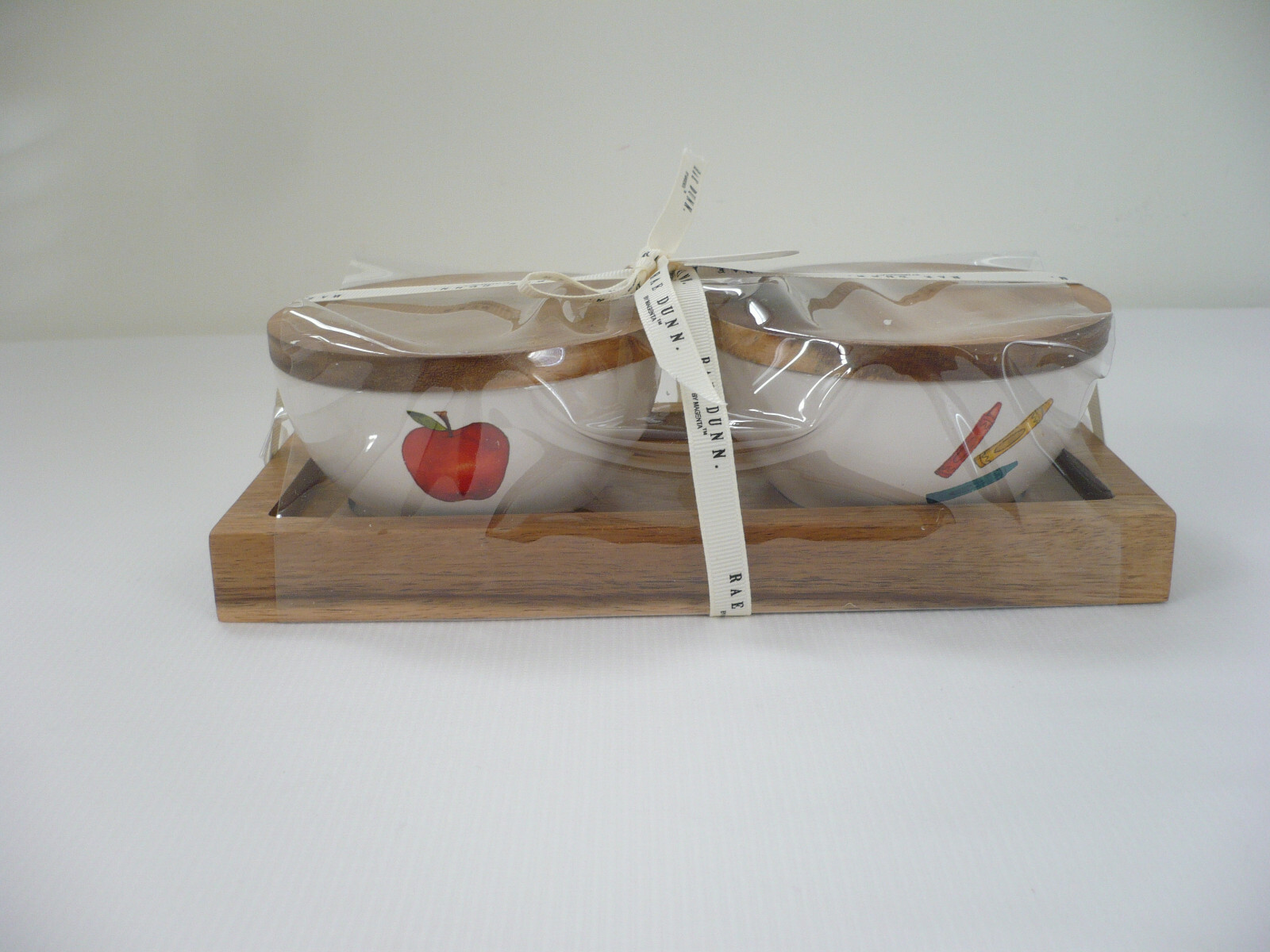Rae Dunn 2 Sided Create & Inspire Pinch Bowls w/Wood Lids and Wooden Tray – New