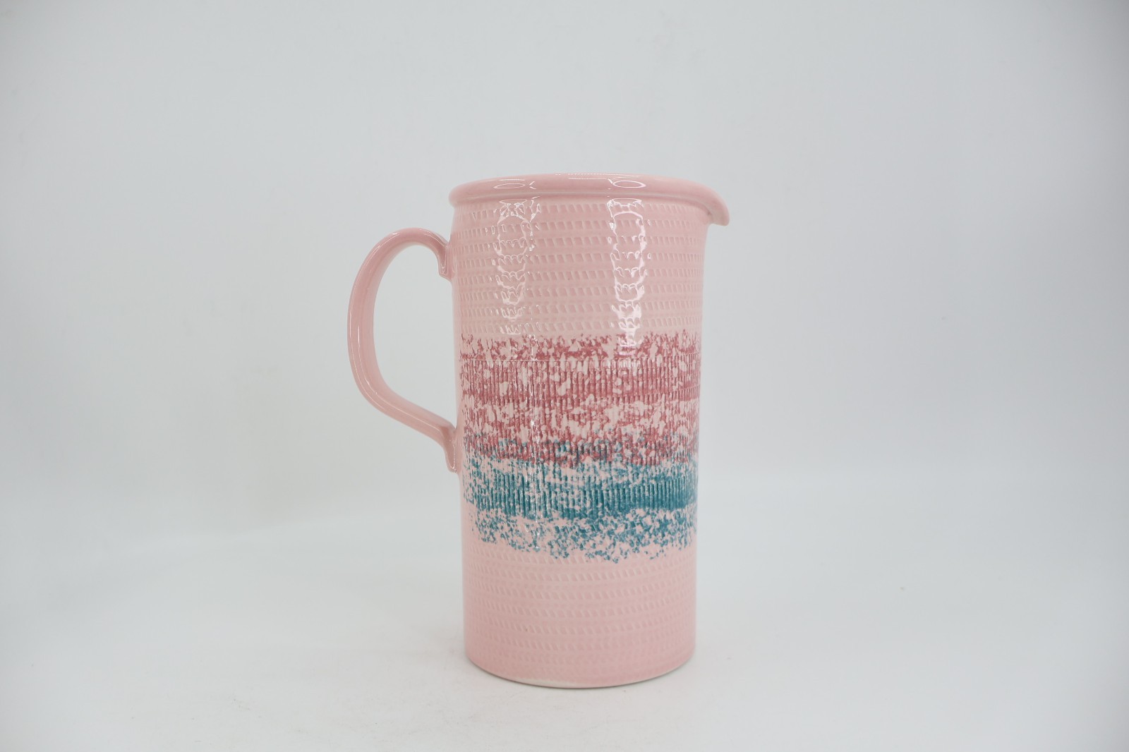 Baldelli Coriano Italy Hand Painted Ceramic Pitcher Pink Teal Stripe Textured