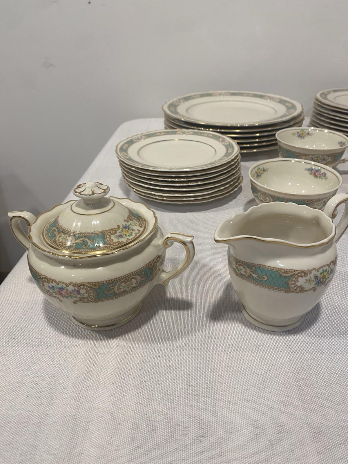 Vintage China Set.White, Green & Gold Pattern. 6-8 Place Setting Raleigh Pattern