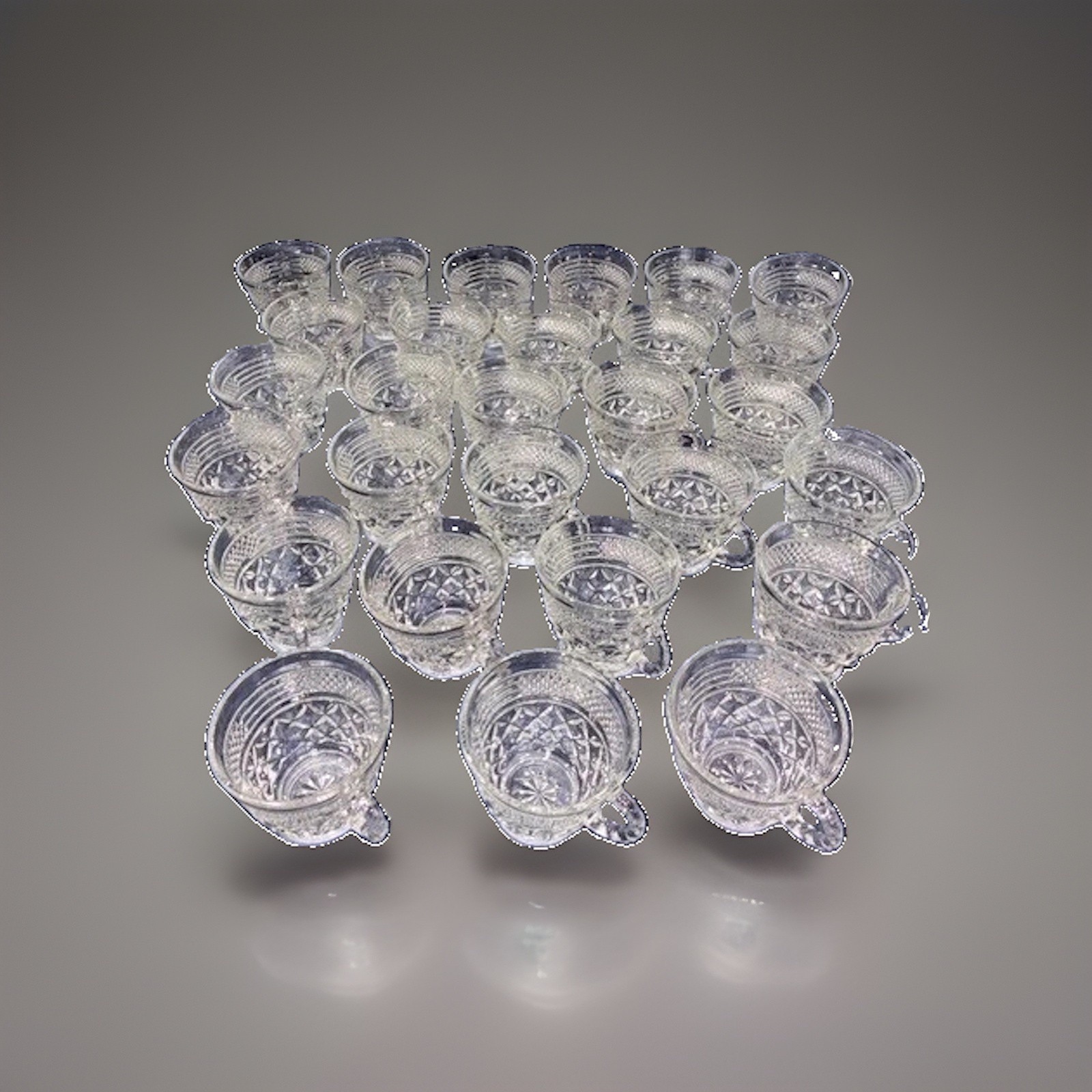 Vintage Indiana Glass Diamond Point Punch Bowl Set, with 28 cups and glass ladle