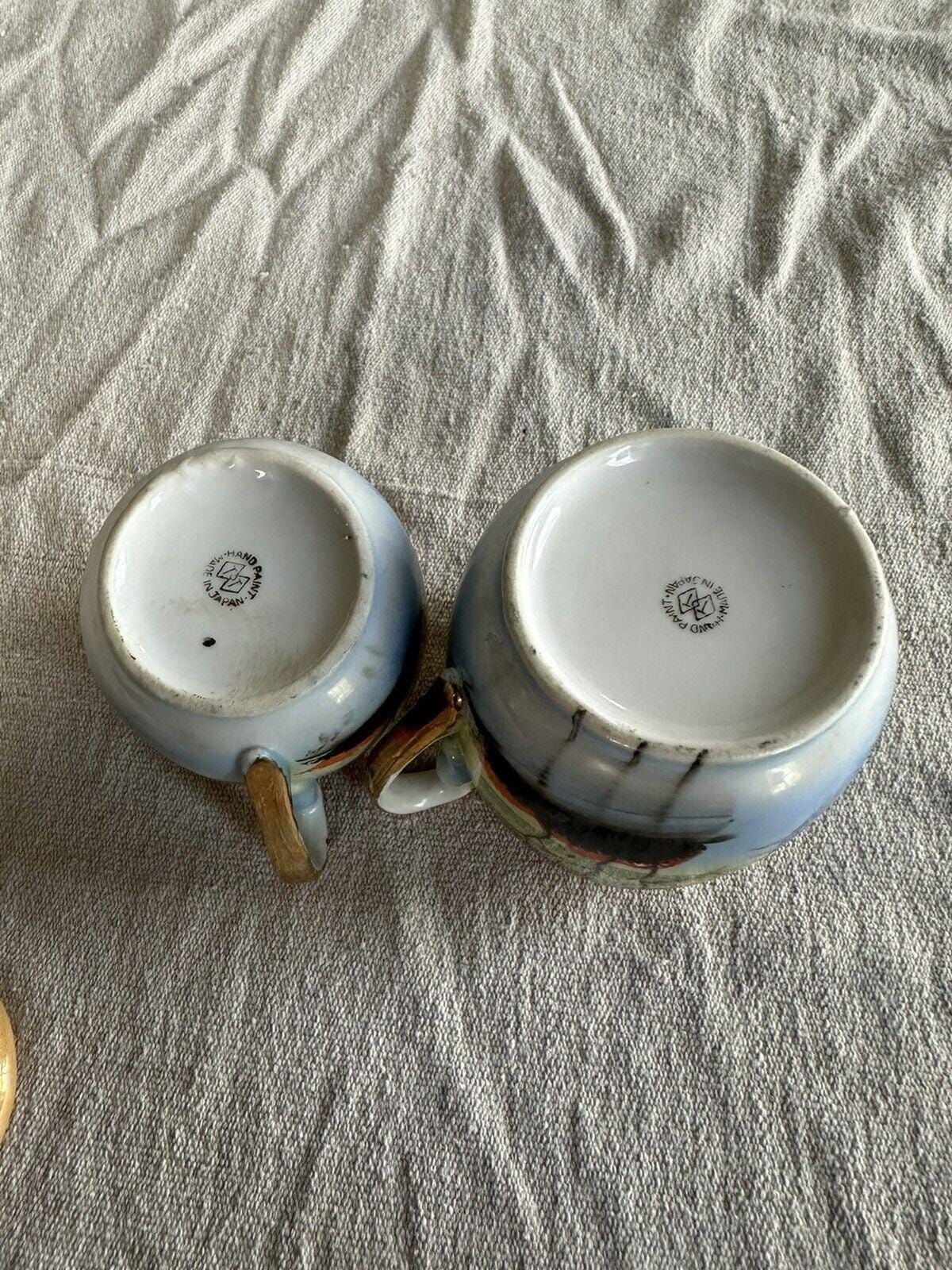 VTG Creamer and Sugar Bowl Japan Lake Trees Windmill Blue Orange Gold Trim