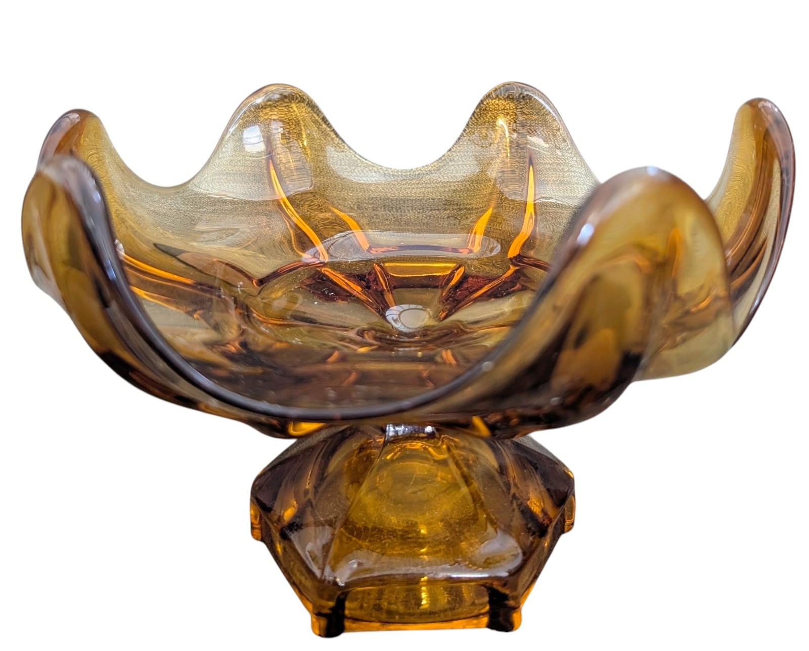 Vintage Amber Art Glass Pedestal Compote Bowl Ruffled Centerpiece Mid Century