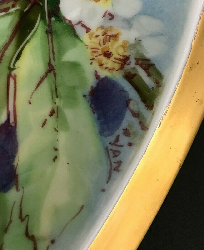 O&EG Royal Austria Berries Floral Serving Bowl w 6 Berry Bowls Set Artist Signed