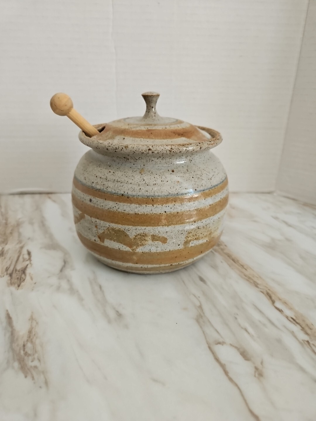 Honey Pot Studio Art Pottery Shades Of Blue & Tan with Lid And Dipper Signed