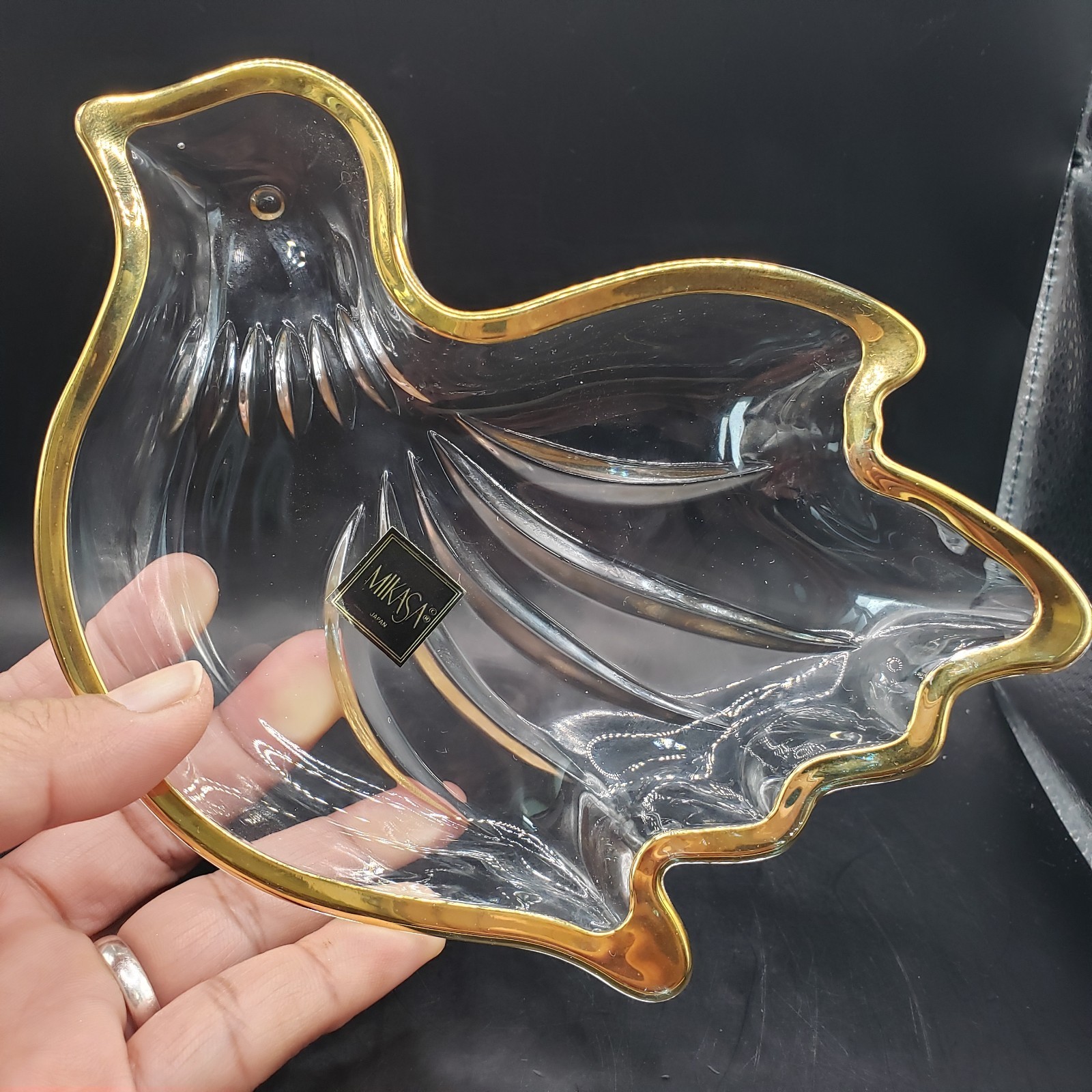 Vintage Mikasa Crystal Golden Dove Candy or Trinket Dish Gold Trim 6.5″ x 4.25″
