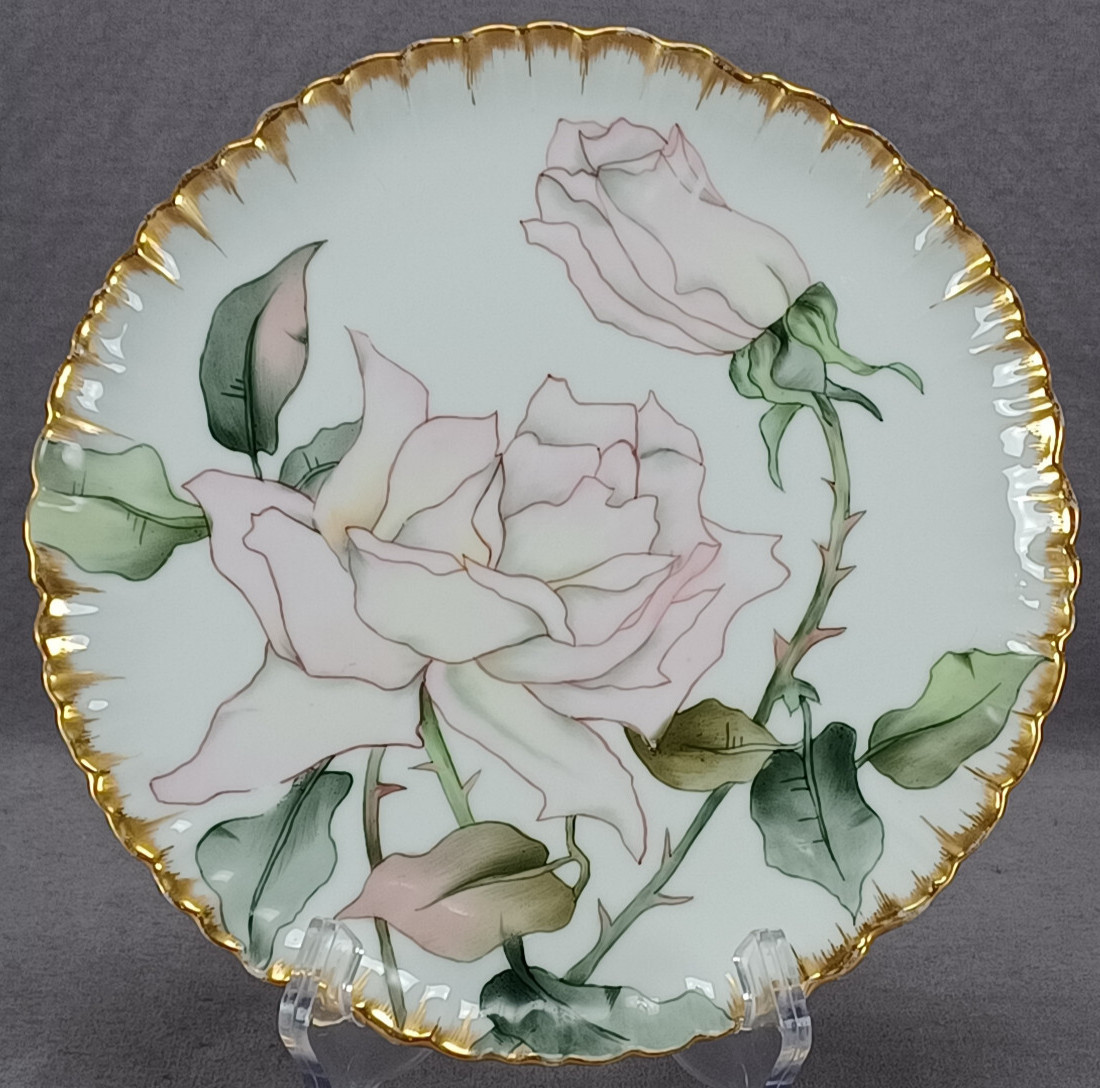 GDM Limoges Hand Painted Large Pink Rose & Gold 8 1/8 Inch Plate C.1891