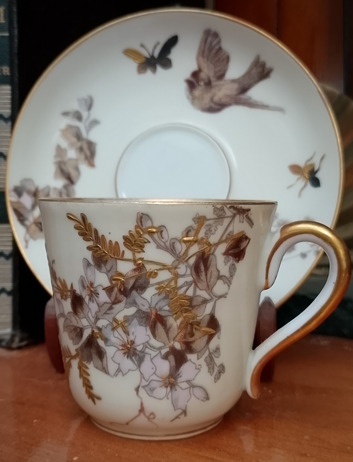Fischer & Mieg Pirkenhammer Cup Saucer Birds BEES Hand-Painted 1890s C&S HTF