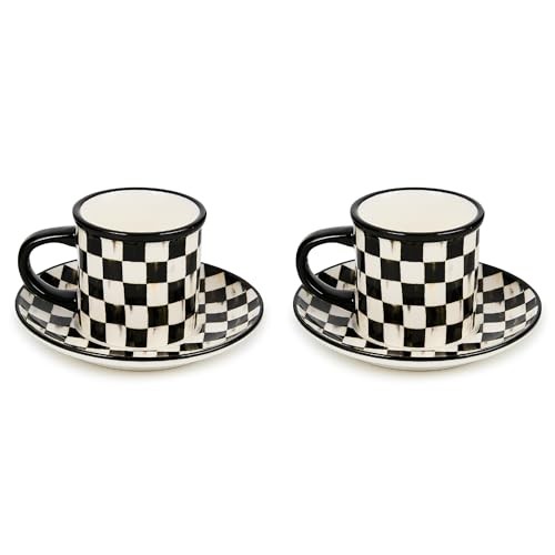 MACKENZIE-CHILDS Set of 2 Stoneware Espresso Cup and Saucer, Cute Courtly Check