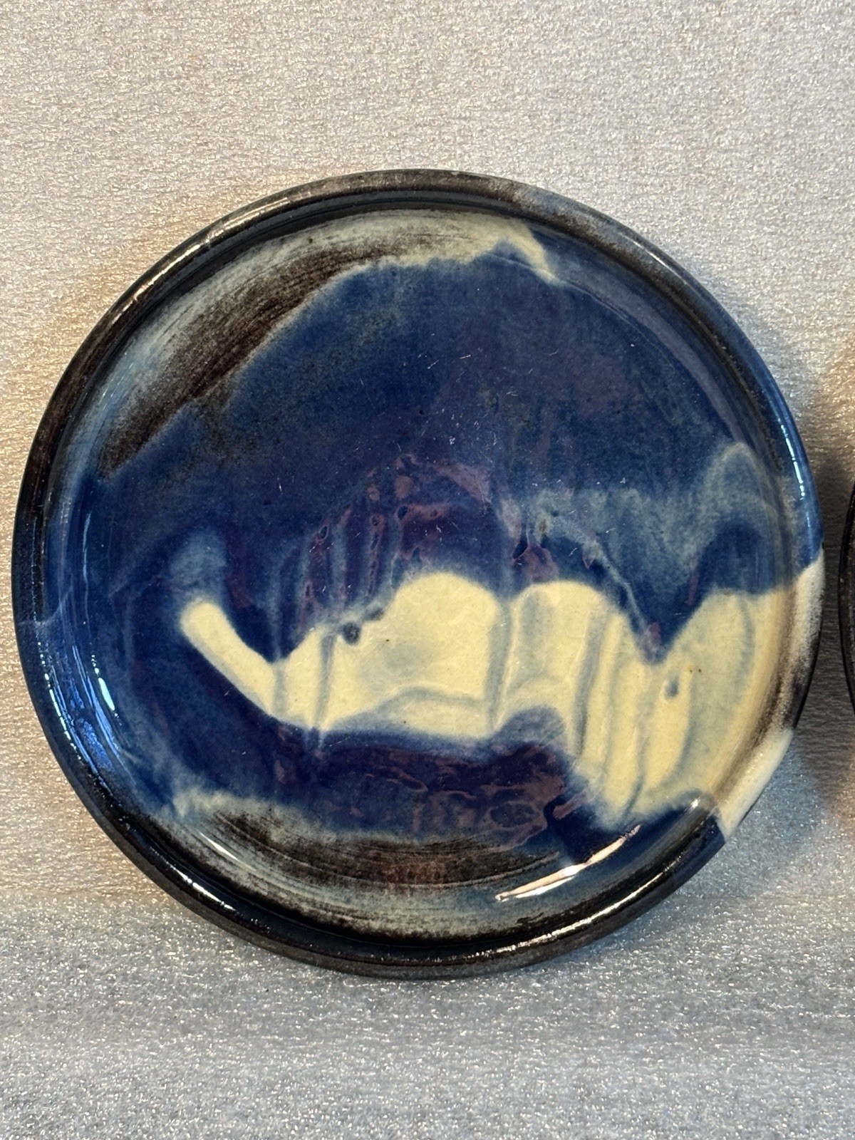 Studio Ceramic Pottery 2 cups & 2 Saucers Hand-Made Brown Blue Yellow