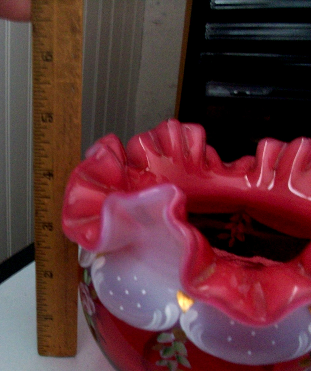 Vintage FENTON 6″ cranberry opalescent Charleton hand pnt’d roses ruffled bowl
