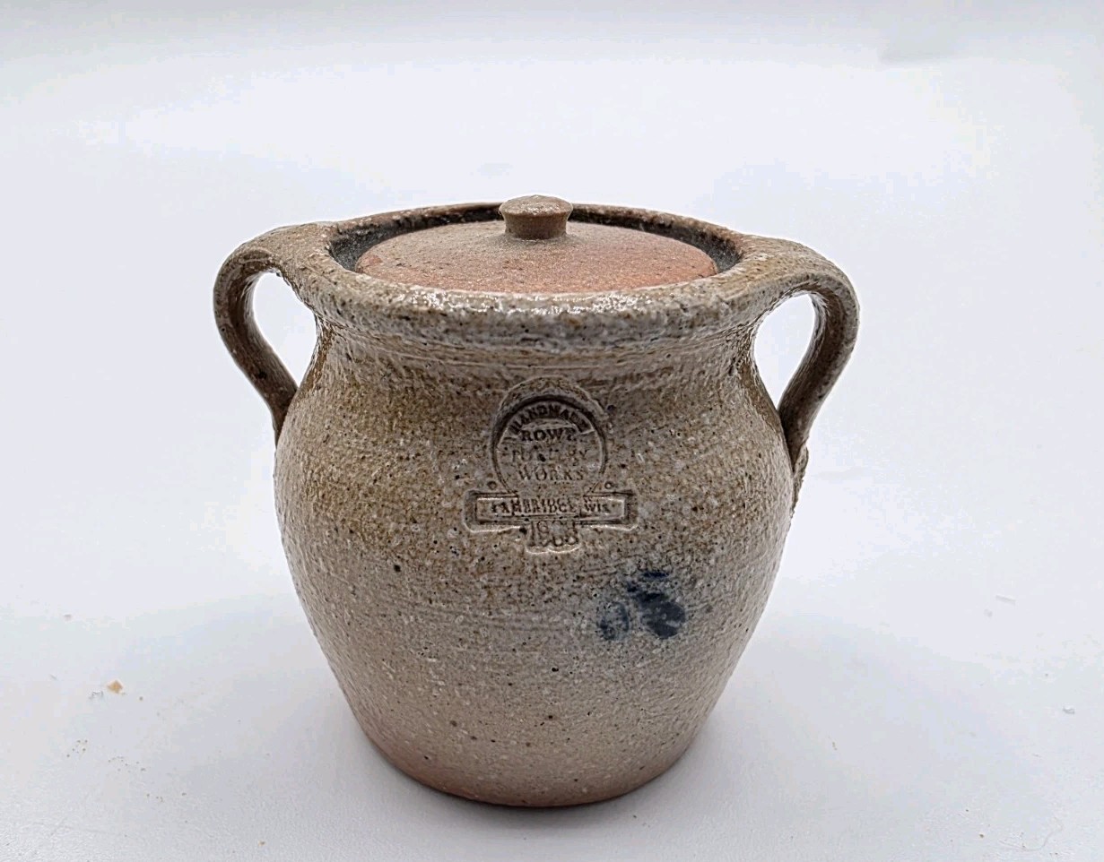 Vintage Rowe Pottery Miniature Lidded Bean Pot Salt Glaze Mini Crock Heart 1.5″