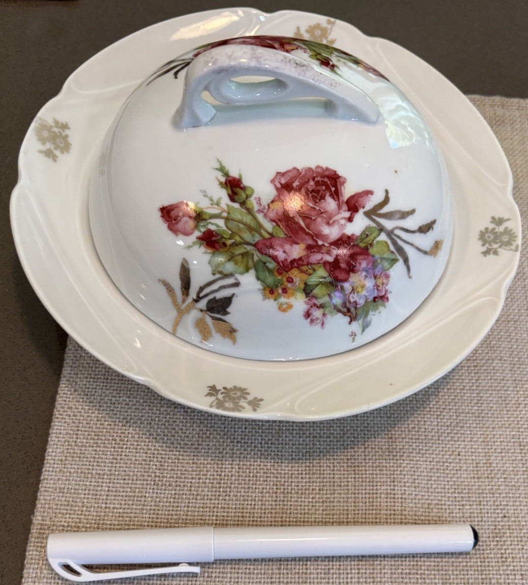 RS Prussia Hand Painted Porcelain Creamer, Butter Dish + Lid & Bud Vase Floral