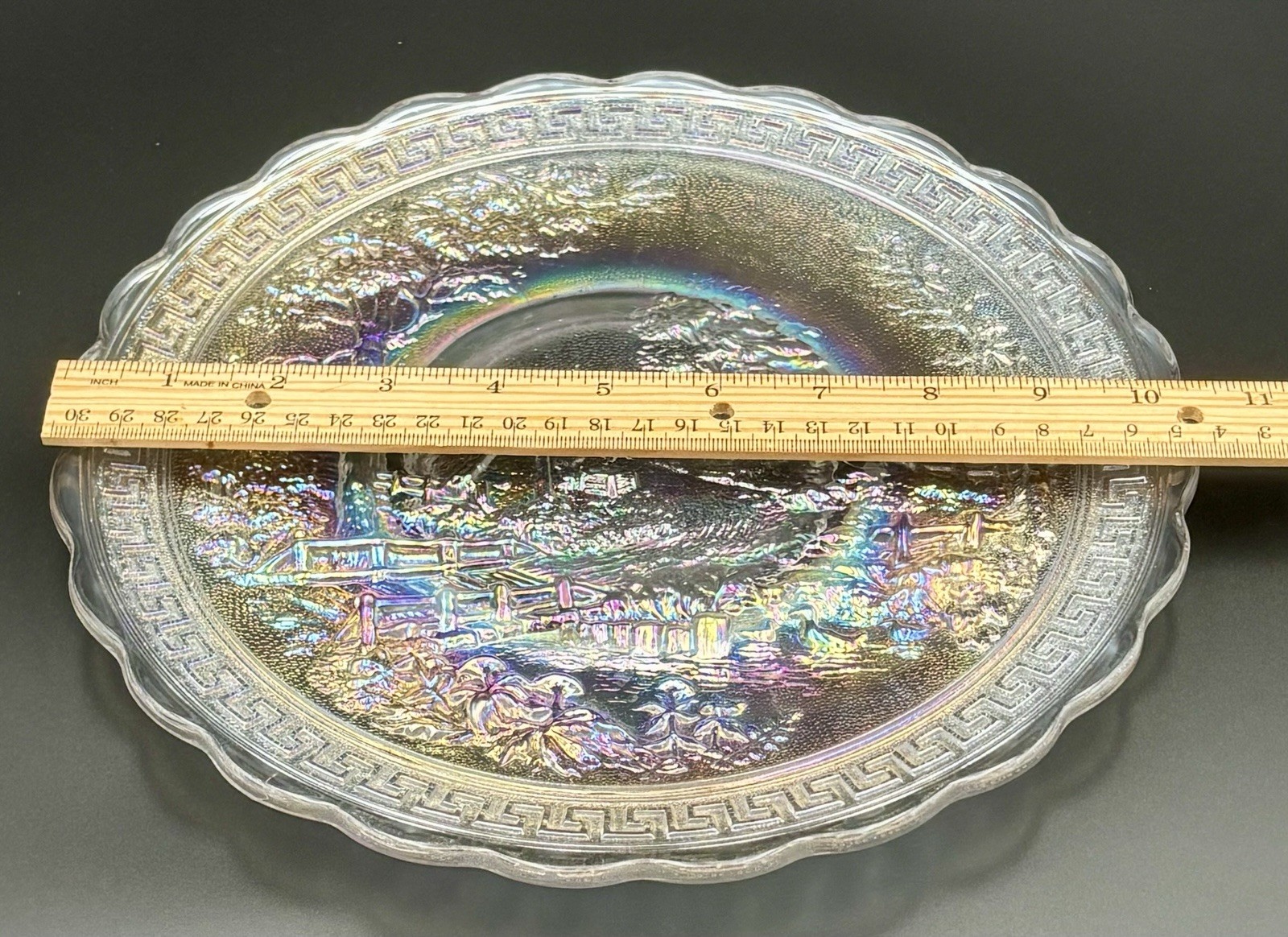 10 1/4” Dia. Pressed Carnival Glass Plate Imperial Homestead Iridescent
