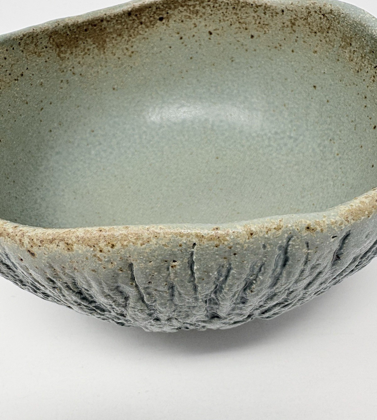 Studio Artisan Pottery Bowl Green Textured Tree Bark Matte Signed Marked 6.5″