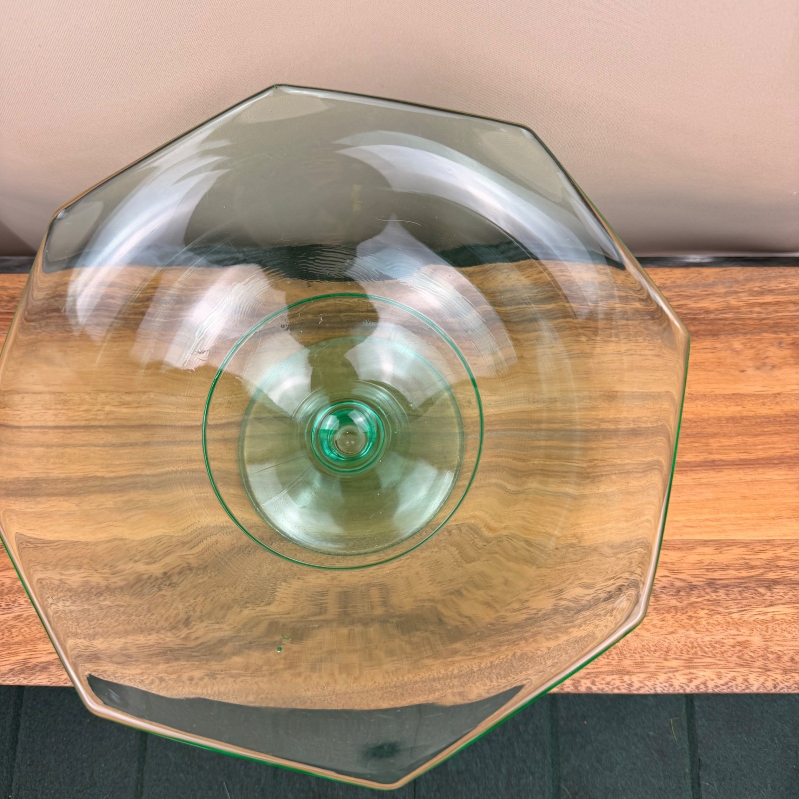 Vintage Green Uranium Glass Hexagon Pedestal Bowl UV Glow Depression Glass 10″