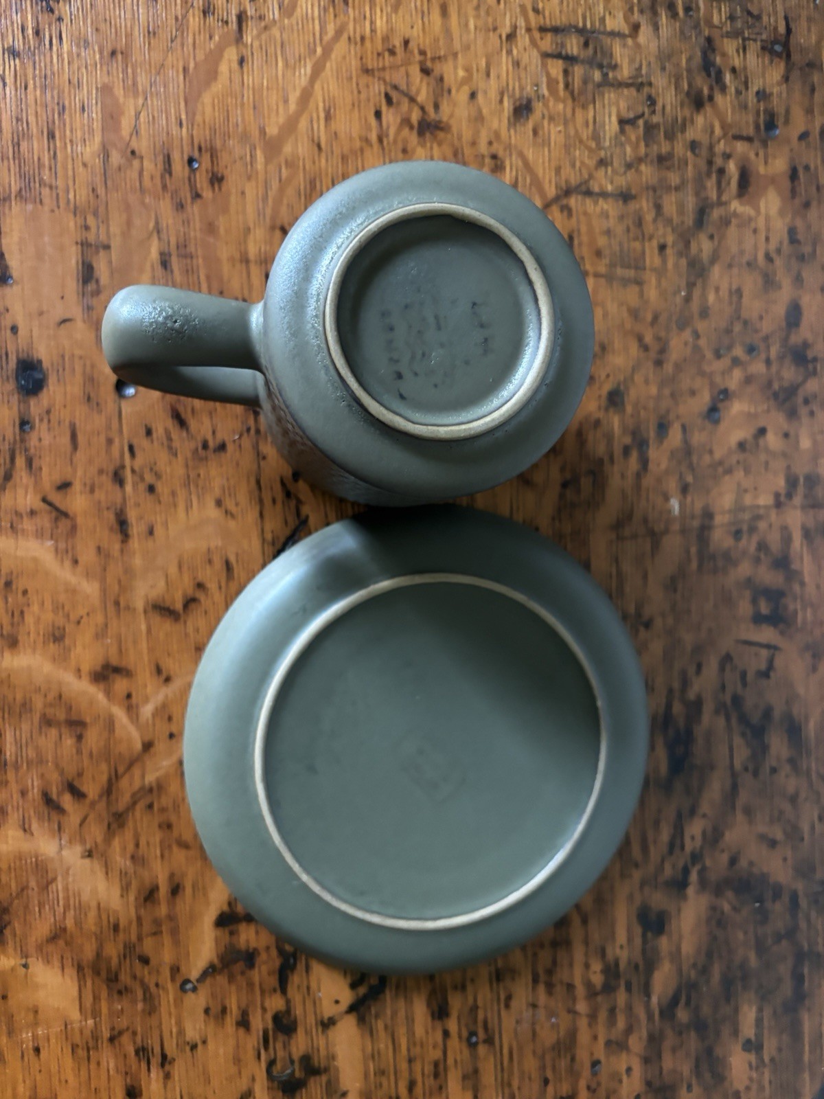 Denby Camelot Dark Green Creamer And Saucer Stoneware Chevron Pattern MCM