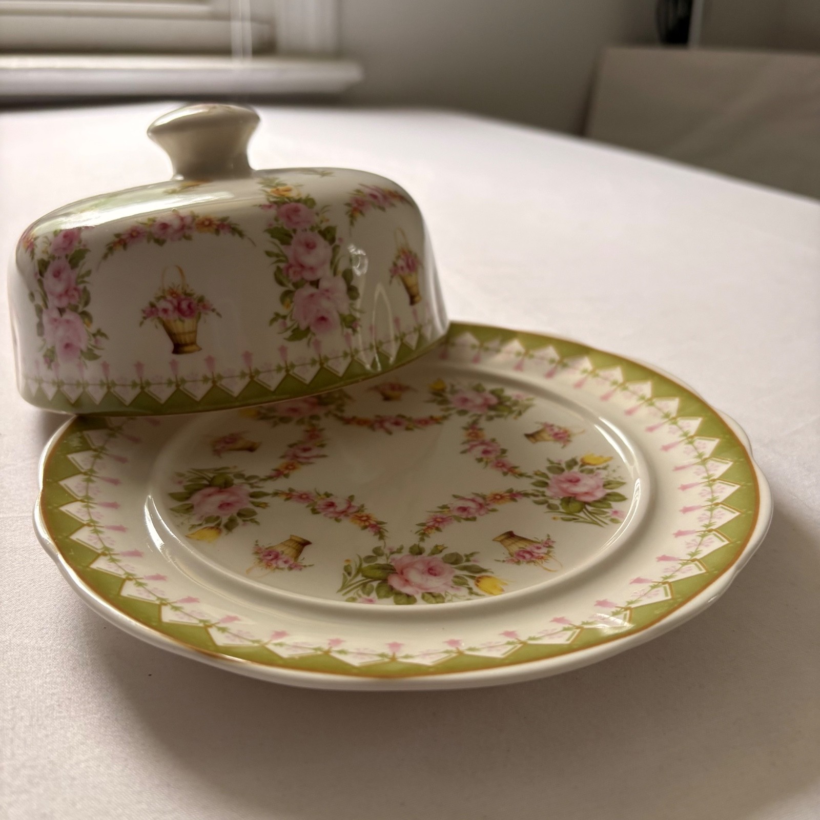 Powell Craft Floral Porcelain Covered Butter Dish/Cheese Dome Roses Green Border