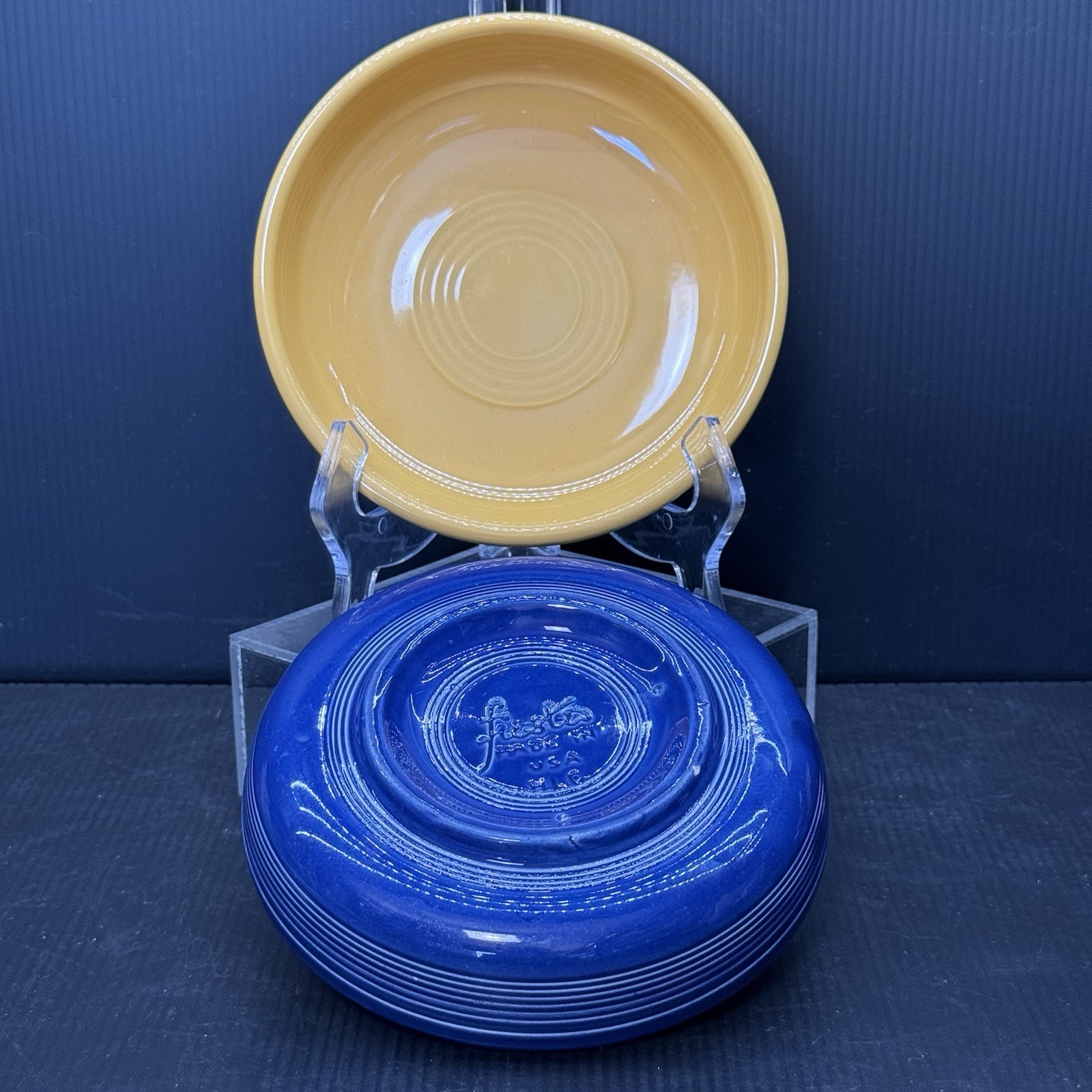 Vintage Fiesta Dessert Bowls Original Cobalt Blue & Yellow Wet Foot HLC 6 1/4”